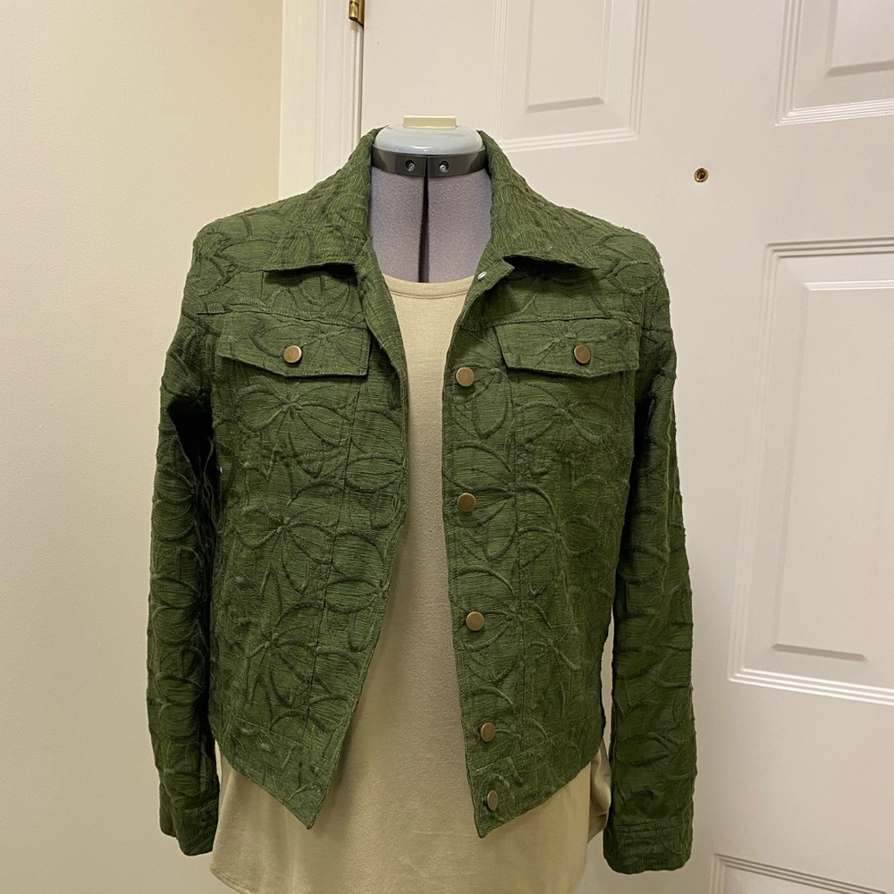 PL Silk Land green floral embroidered collared fully lined silk jacket blazer L